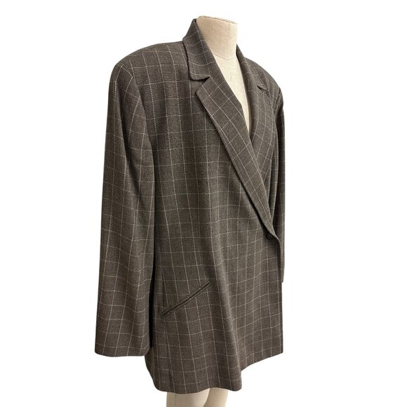 Anne Klein II Womens Brown Plaid Wool Blazer 24W Double-Breasted Tall Plus - Picture 2 of 16